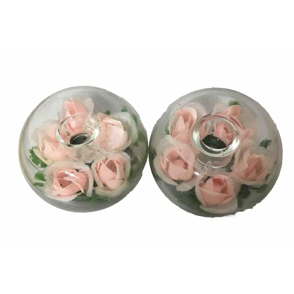 Candle Holders 2 Glass Terrarium Pink Roses Shabby Cottage Core Candles Not Iclu
